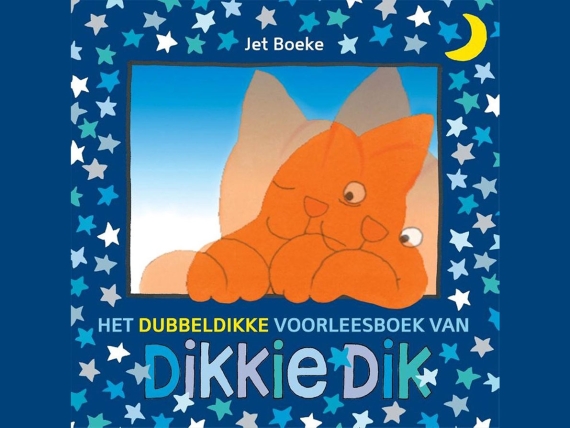 Dubbeldikke voorleesboek van Dikkie Dik van Jet Boeke kaft blauw sterren maan poes oranje illustratie