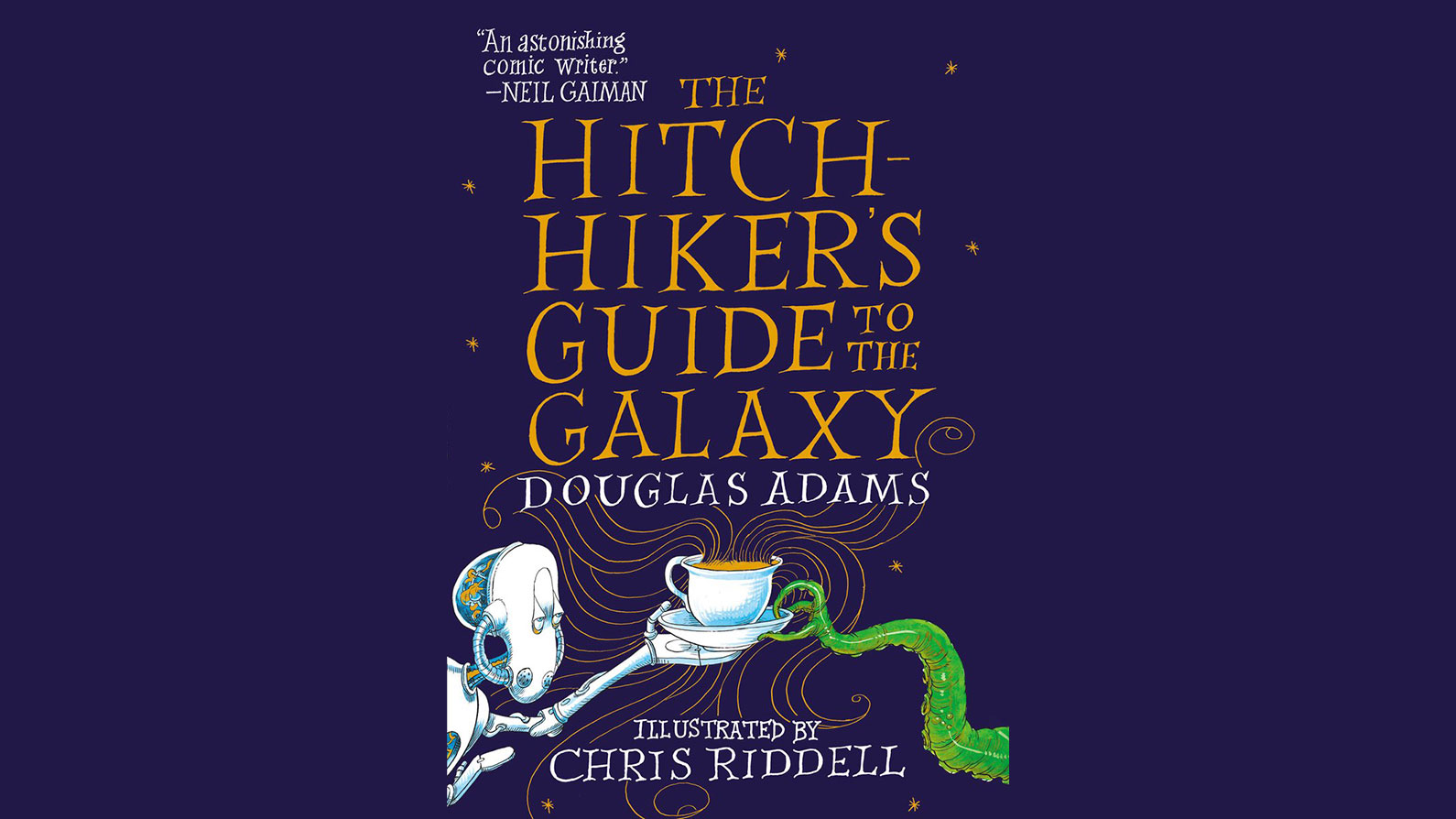 The Hitchhikers Guide To The Galaxy van Douglas Adams boek kaft robot sterren tentakel